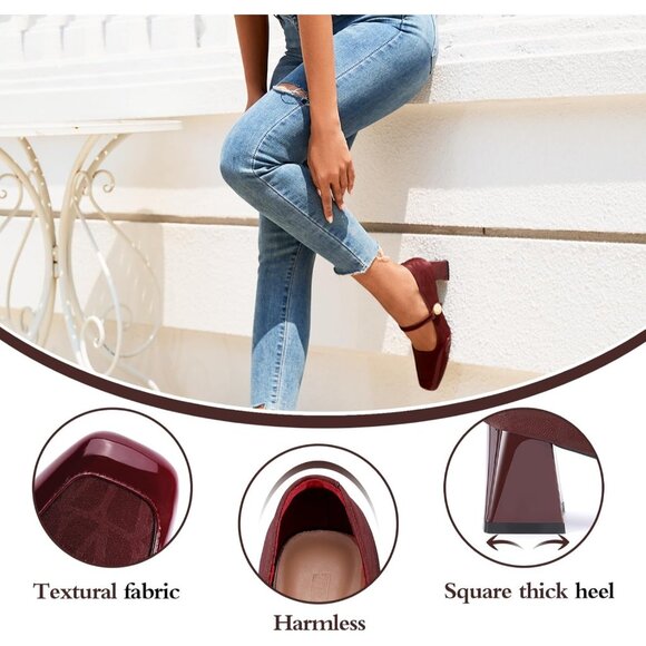 Women's Wine Square Toe Mary Jane Comfortable Closed Toe Chunky Block Heels - Picture 4 of 8